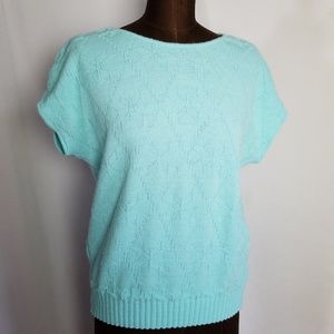 Vintage 80s 90s Turquoise Light Blue Doleman Sleeve Knit Top Short Sleeve